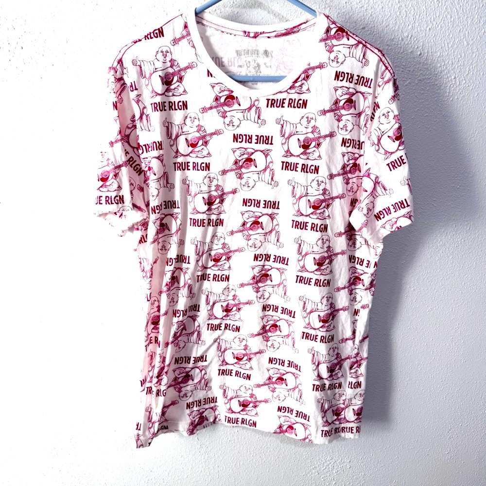 True Religion White Short Sleeve Tee with Red Pattern mens med